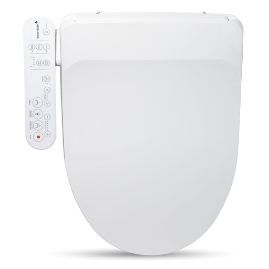 An electric bidet seat with a control panel on the side. The bidet seat is white and appears to be mounted on a toilet.