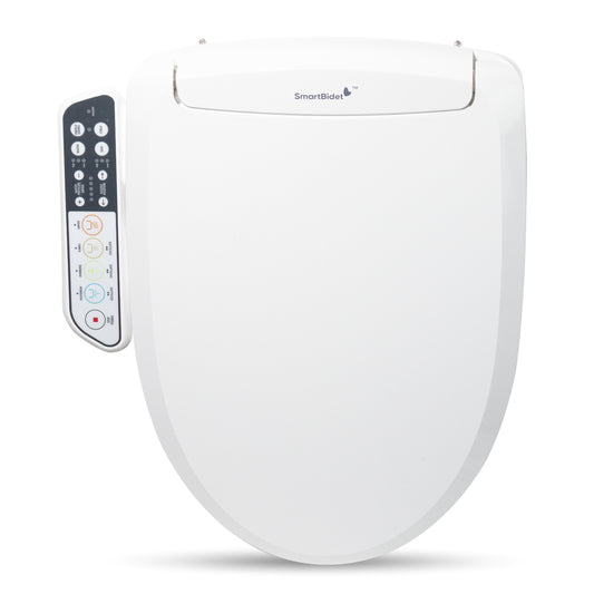 SmartBidet SB-110 electric bidet seat for elongated toilets with a control panel on the wall and a remote in hand.