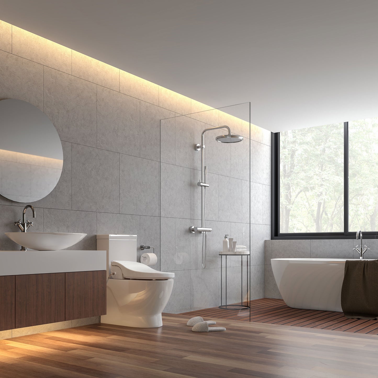 Modern bathroom with toilet, sink, bathtub, and shower