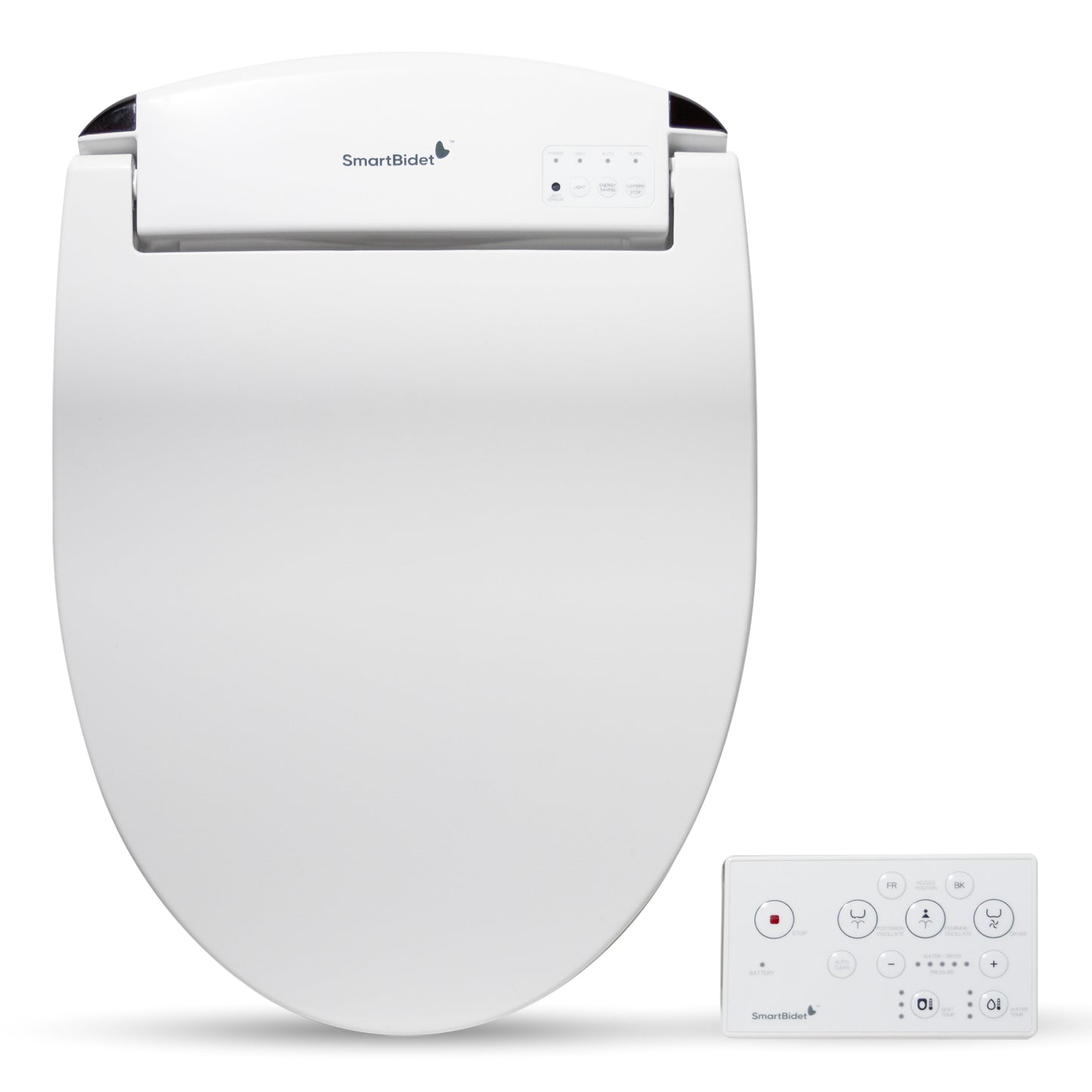 SmartBidet SB-2400 Advanced Electric Bidet Toilet Seat with remote control, in white color, designed for round toilets and compatible with some French curve toilets.