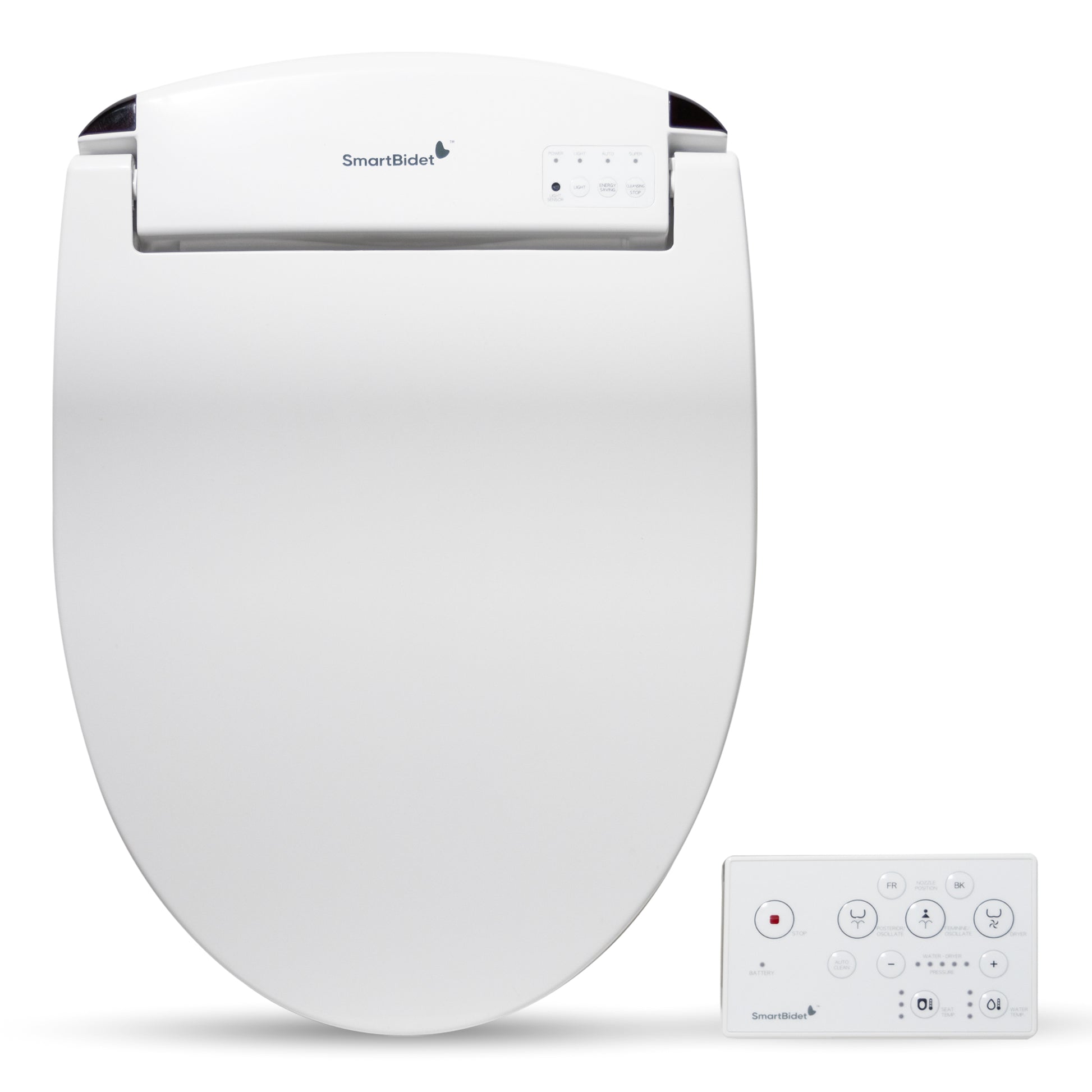 SmartBidet SB-2400 Advanced Electric Bidet Toilet Seat with remote control, in white color, designed for round toilets and compatible with some French curve toilets.