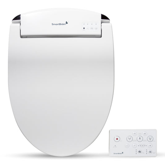 SmartBidet SB-2400 Advanced Electric Bidet Toilet Seat with remote control, in white color, designed for round toilets and compatible with some French curve toilets.