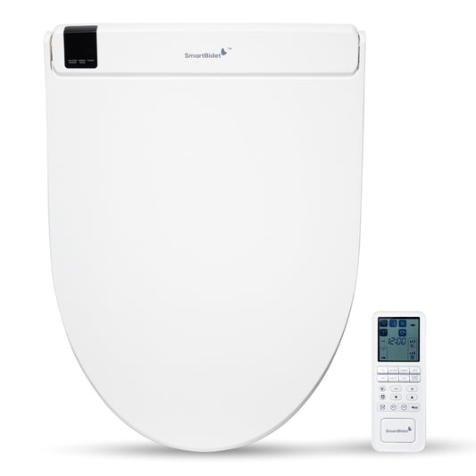 An electric bidet toilet seat with a remote control featuring a screen. The seat is white, and the remote is white with a black button and a digital display.