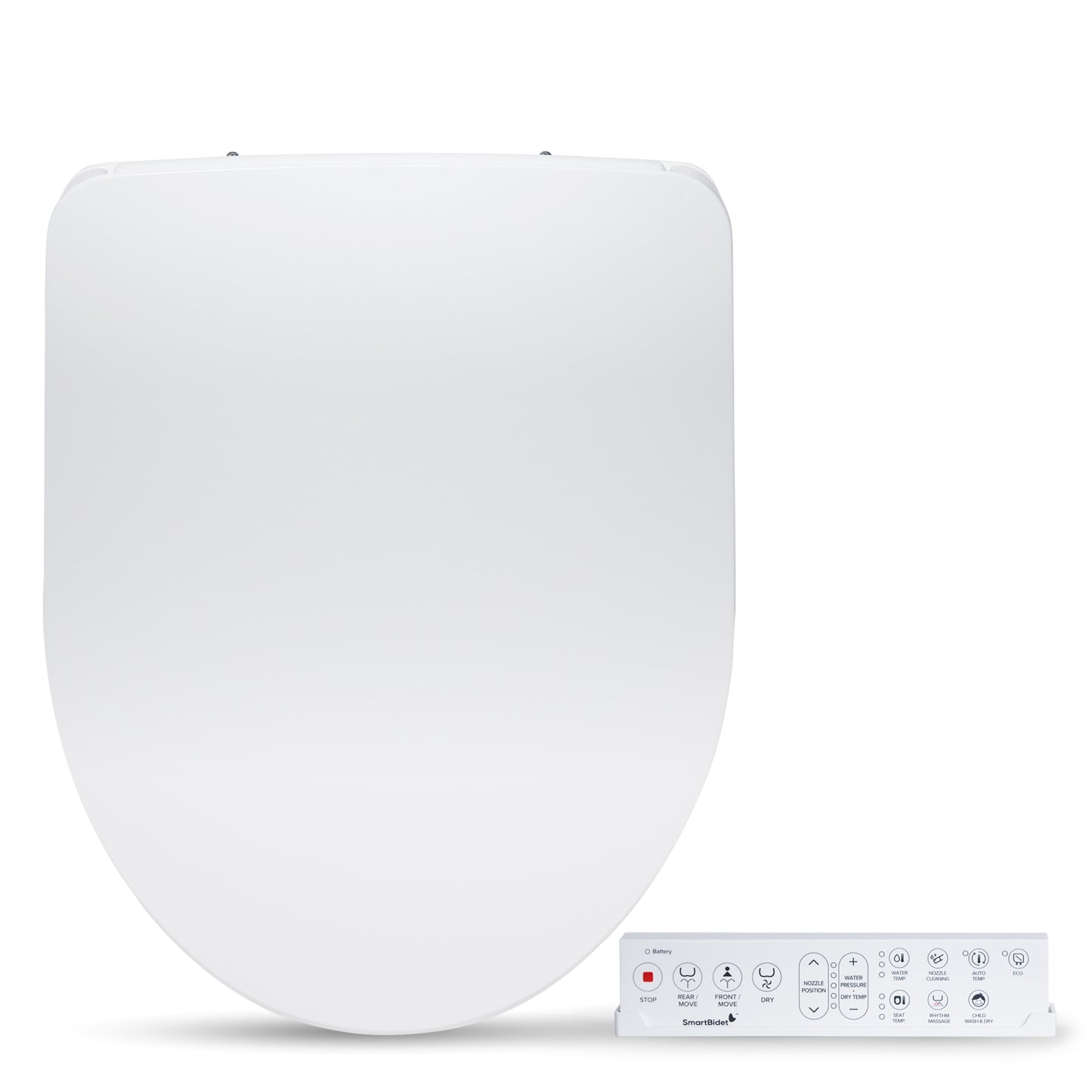 A white, modern electric bidet toilet seat with a control panel.
