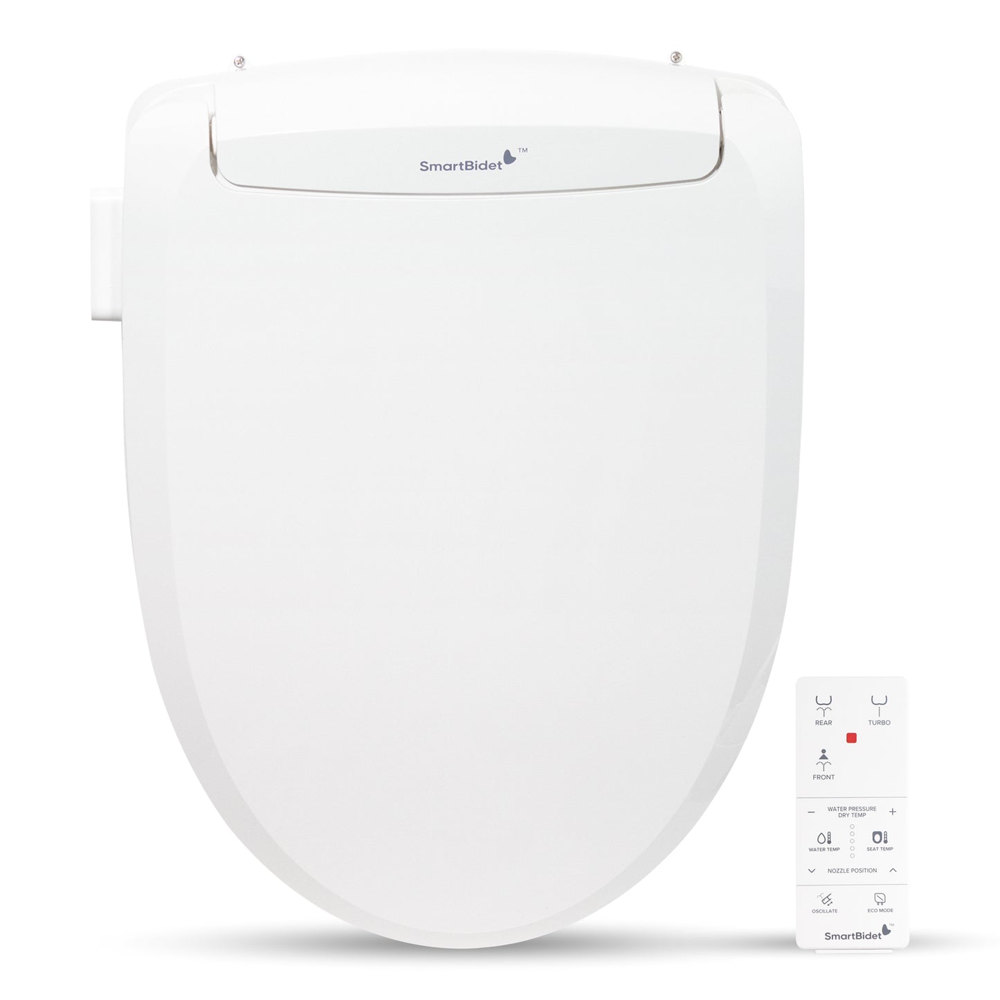 An electric bidet toilet seat with a handheld remote control. The seat is white and has a contemporary design with a self-cleaning nozzle.