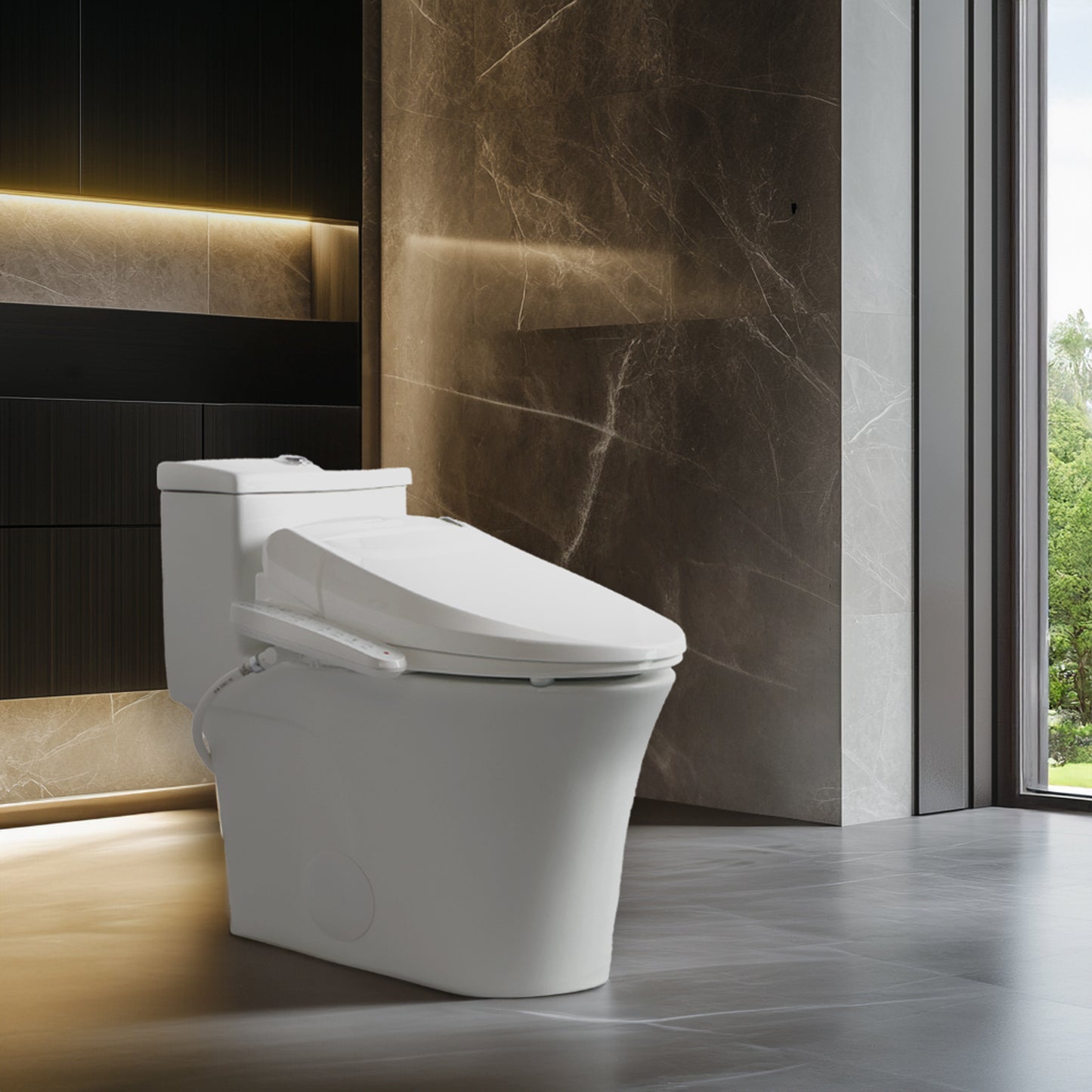 Modern toilet in a bathroom with marble walls and a window.