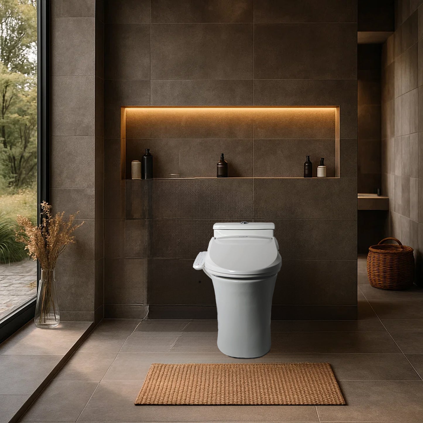 Modern bathroom with a toilet and shelves against a tiled wall.