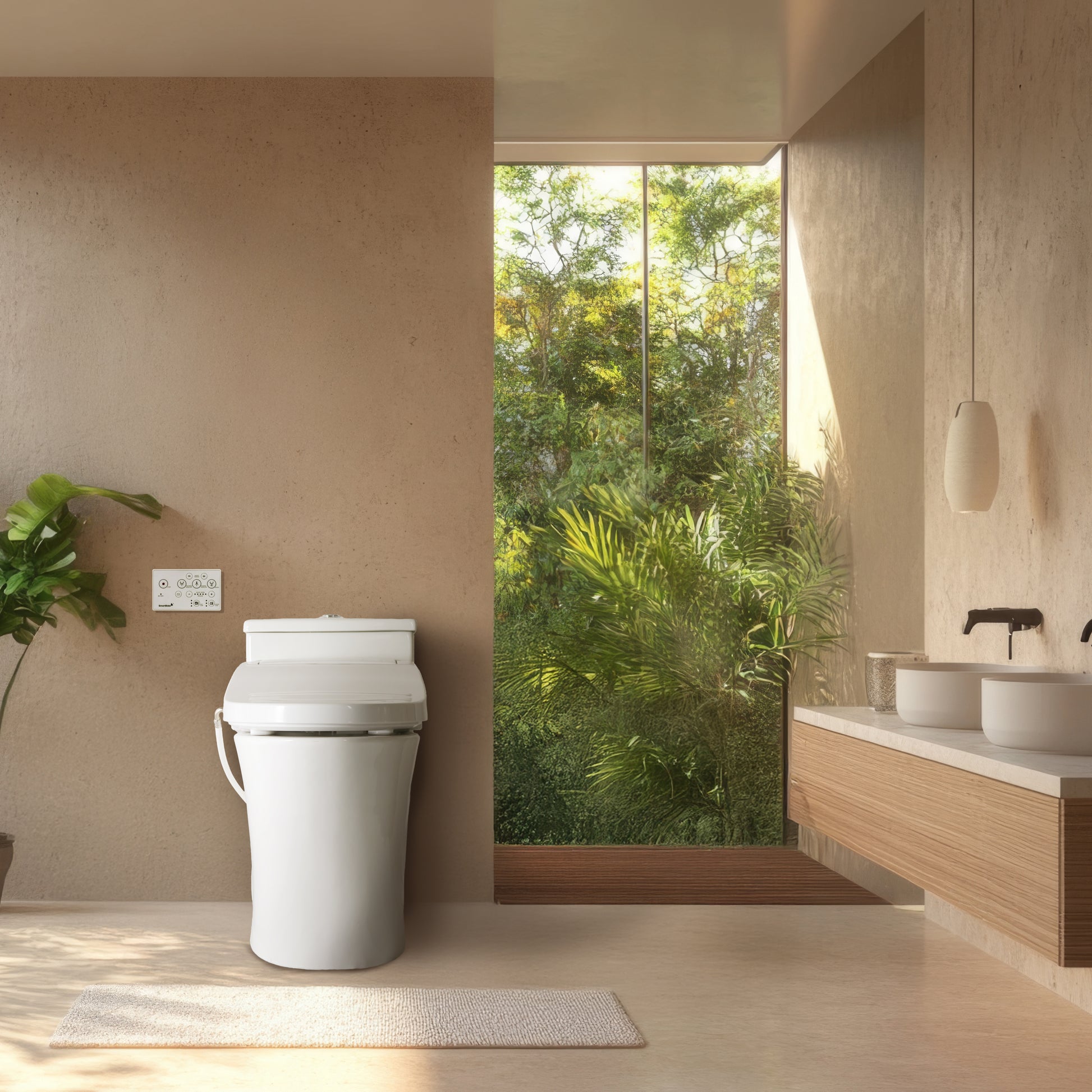 Modern bathroom with a white toilet, wooden vanity, and large window with greenery view.