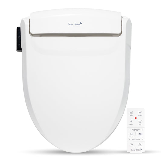 An electric bidet seat with remote control. The seat is white, and the remote has buttons for various control functions.