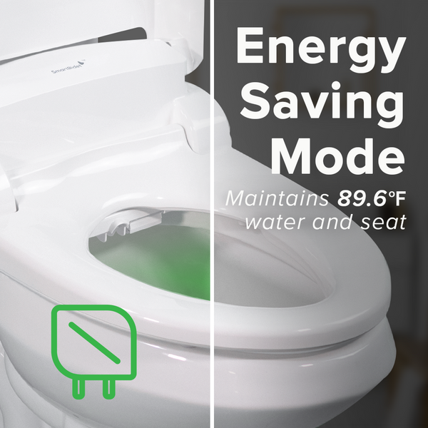 SmartBidet electric bidet seat detailing the energy saving mode that maintains 89.6°F water and seat temperature