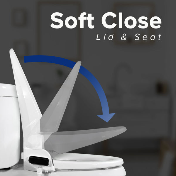 SmartBidet luxury bidet seat showing a slow-motion motion arrow for the soft close lid and seat feature