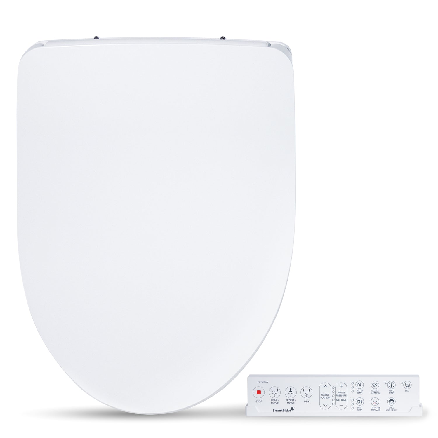 A white, modern electric bidet toilet seat with a control panel.