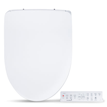 A white, modern electric bidet toilet seat with a control panel.