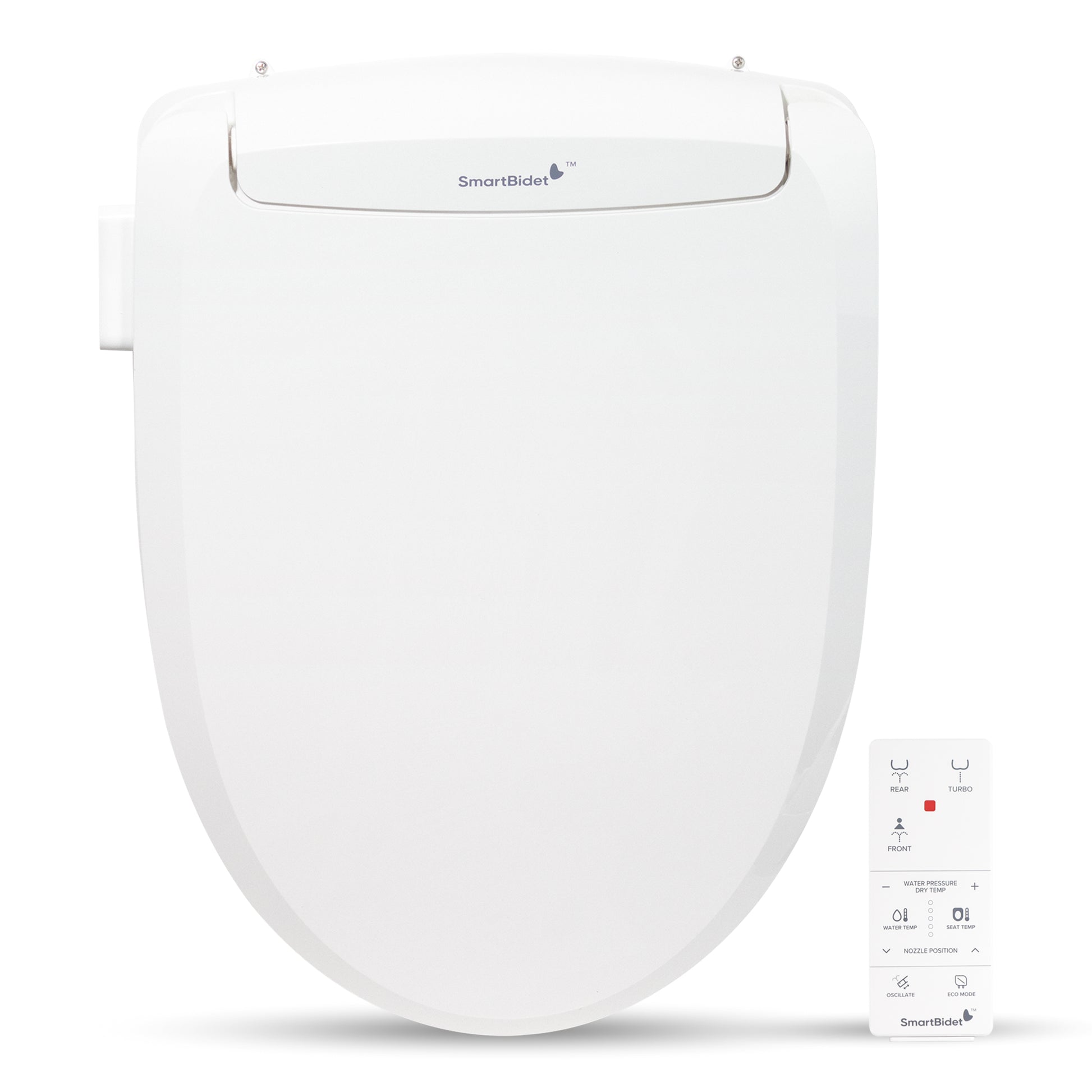 An electric bidet toilet seat with a handheld remote control. The seat is white and has a contemporary design with a self-cleaning nozzle.