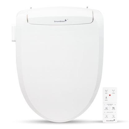 An electric bidet toilet seat with a handheld remote control. The seat is white and has a contemporary design with a self-cleaning nozzle.