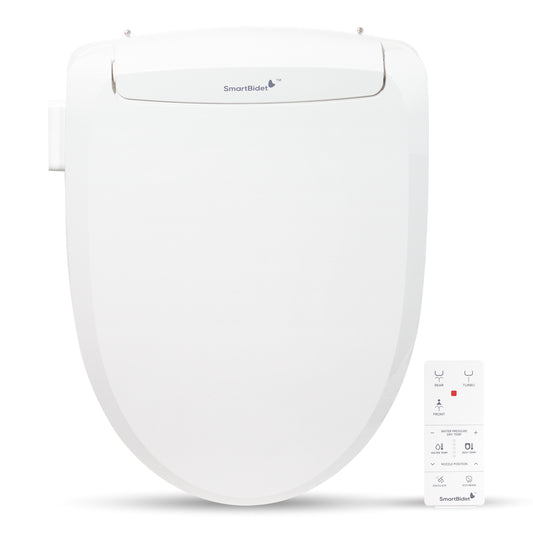 An electric bidet toilet seat with a handheld remote control. The seat is white and has a contemporary design with a self-cleaning nozzle.