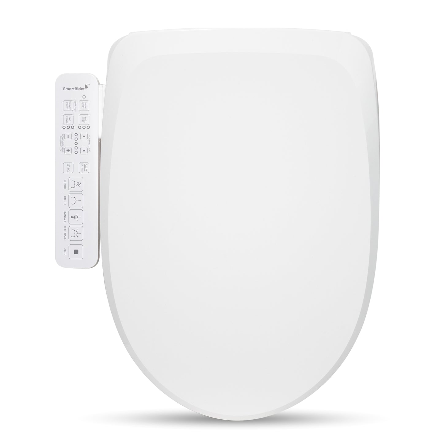SmartBidet SB-2600 electric bidet seat in white color with a remote control beside it.