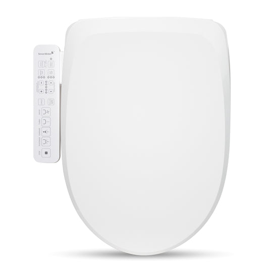 SmartBidet SB-2600 electric bidet seat in white color with a remote control beside it.