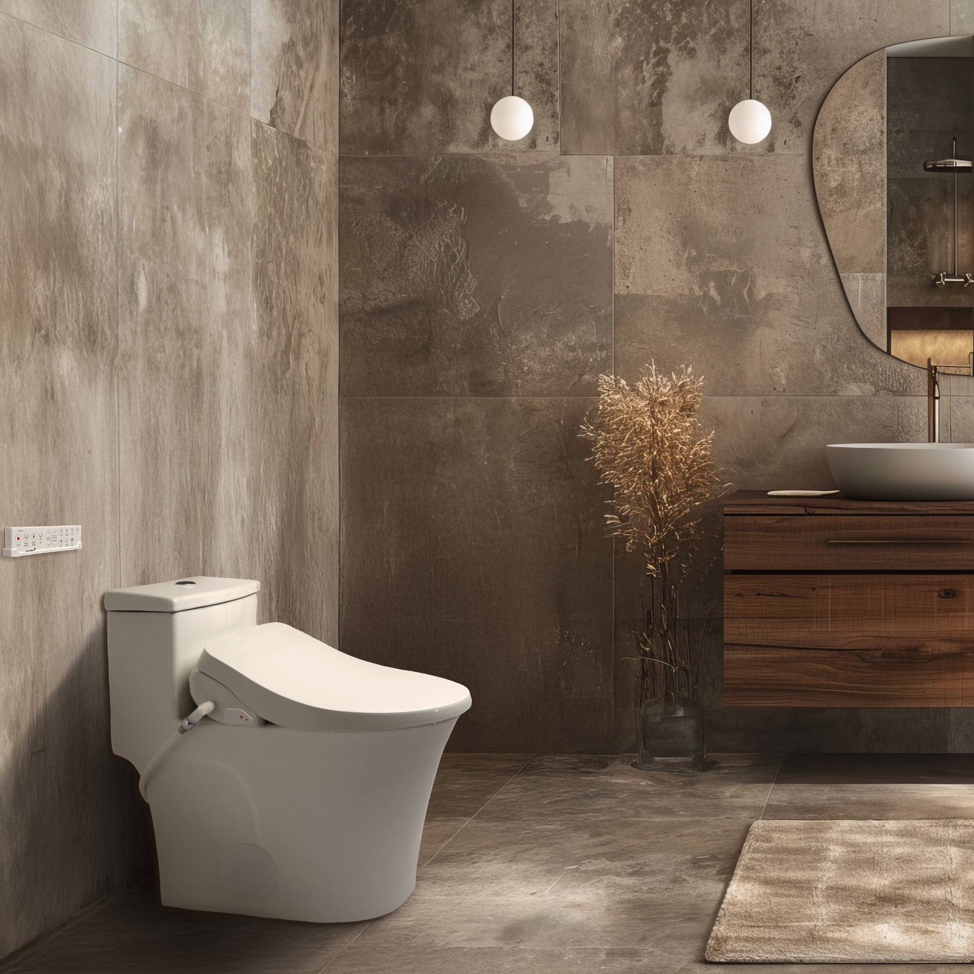 Modern bathroom with a toilet, wooden vanity, and decorative elements.