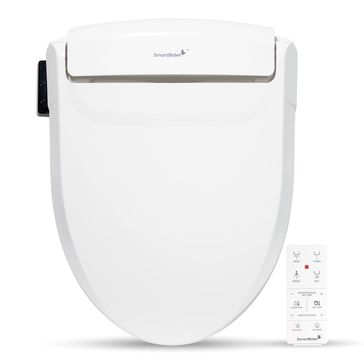 SmartBidet SB1000 electric bidet seat on an elongated toilet with heated seat activated