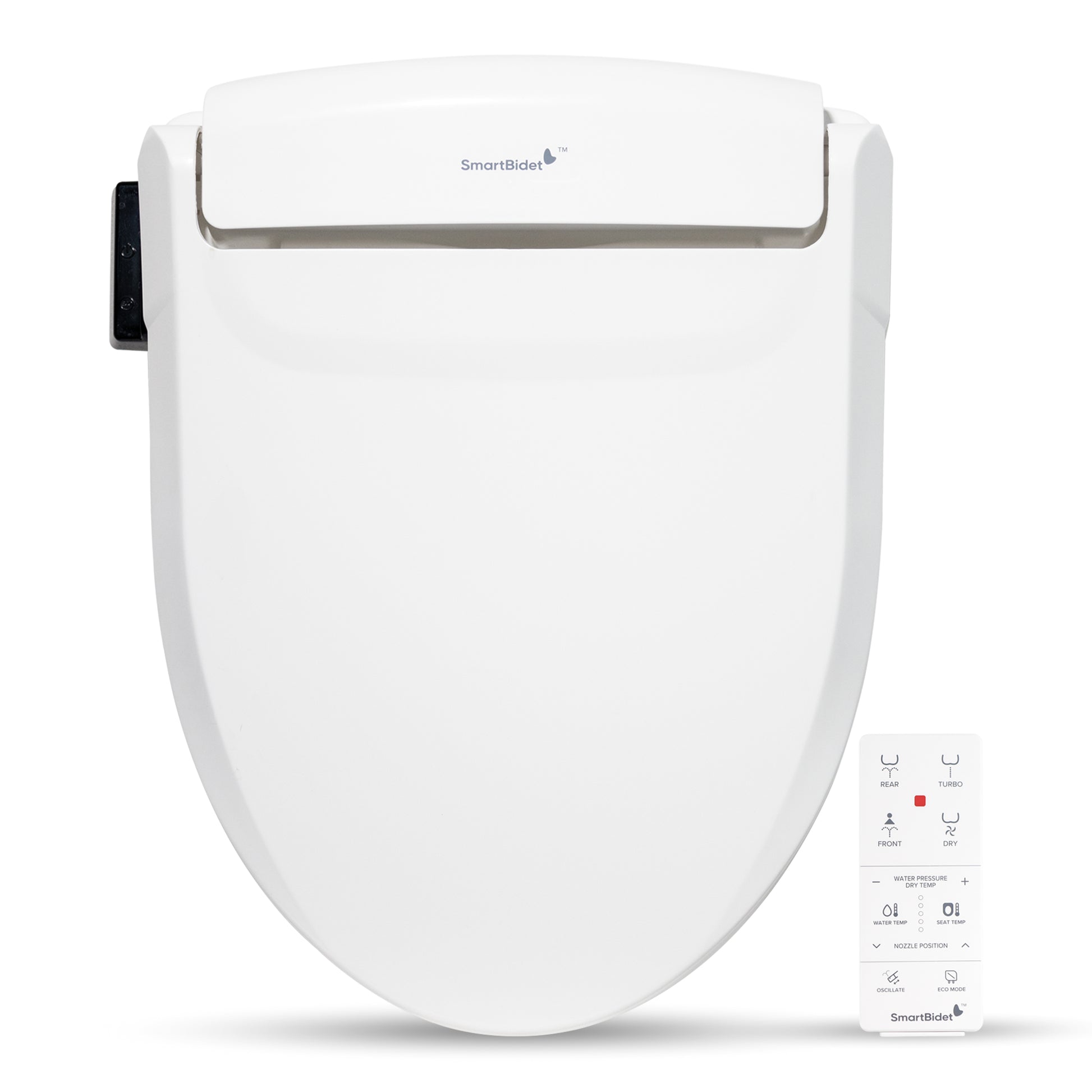 An electric bidet seat with remote control. The seat is white, and the remote has buttons for various control functions.