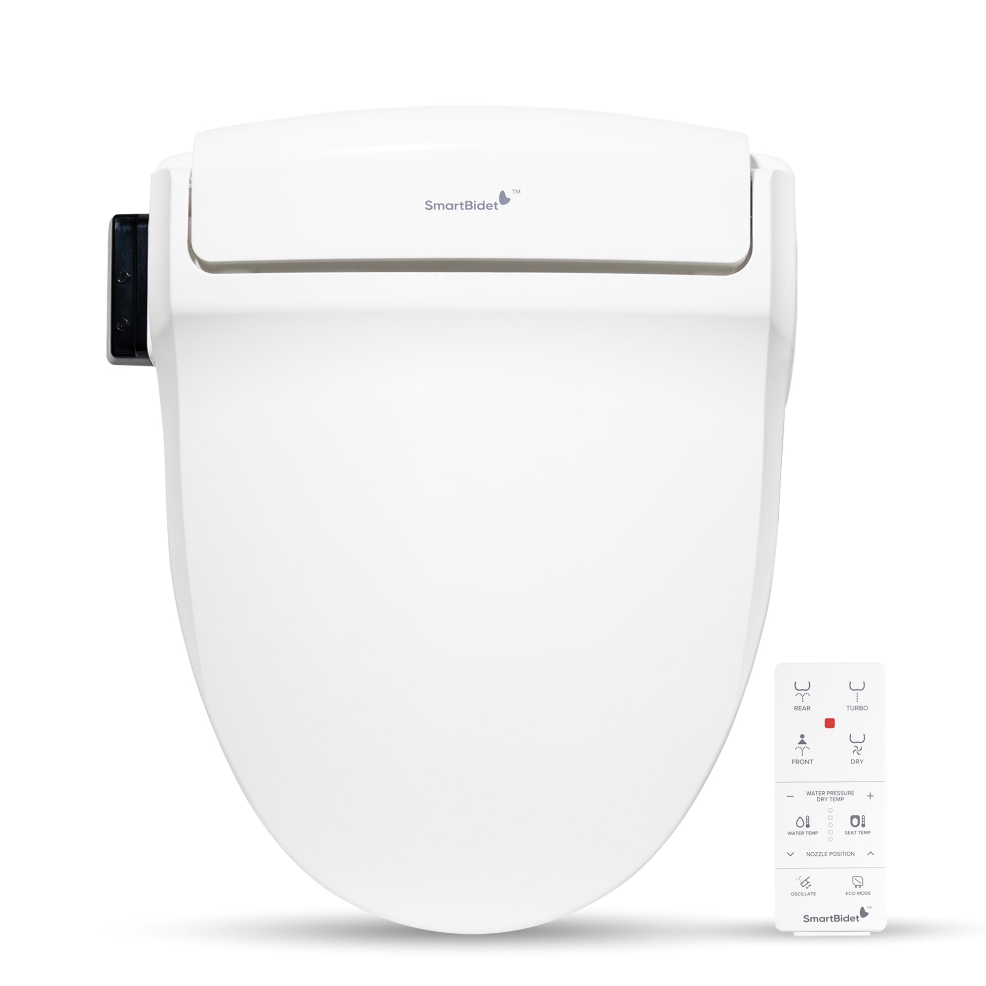 SmartBidet electric bidet seat with wireless remote control featuring a round smart toilet seat design
